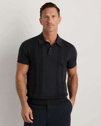Cotton-Silk Ribbed Short Sleeve Sweater Polo - S / Speckled Beige