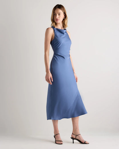 Washable Stretch Silk High Neck Midi Dress - XS / Vintage Navy Roses