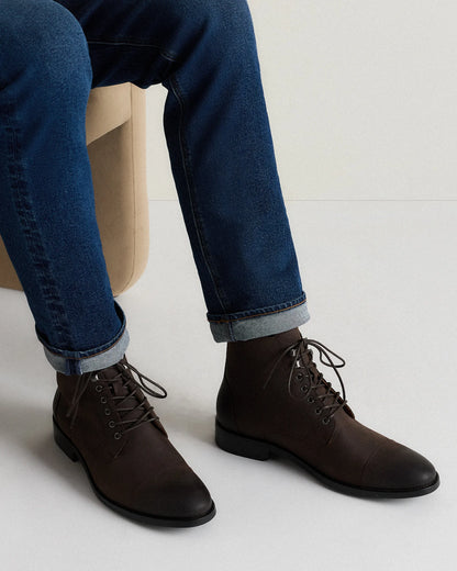 Crafted Leather Cap Toe Lace Up Boot - 7 / Matte Black