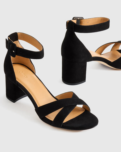 Italian Leather Crisscross Block Heel Sandal - 5 / Black Suede