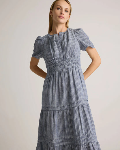 100% European Linen Tiered Maxi Dress - XS / Deep Navy