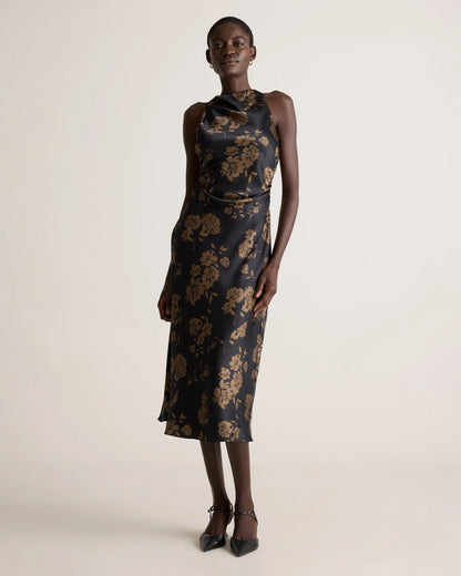 Washable Stretch Silk High Neck Midi Dress - XS / Vintage Navy Roses