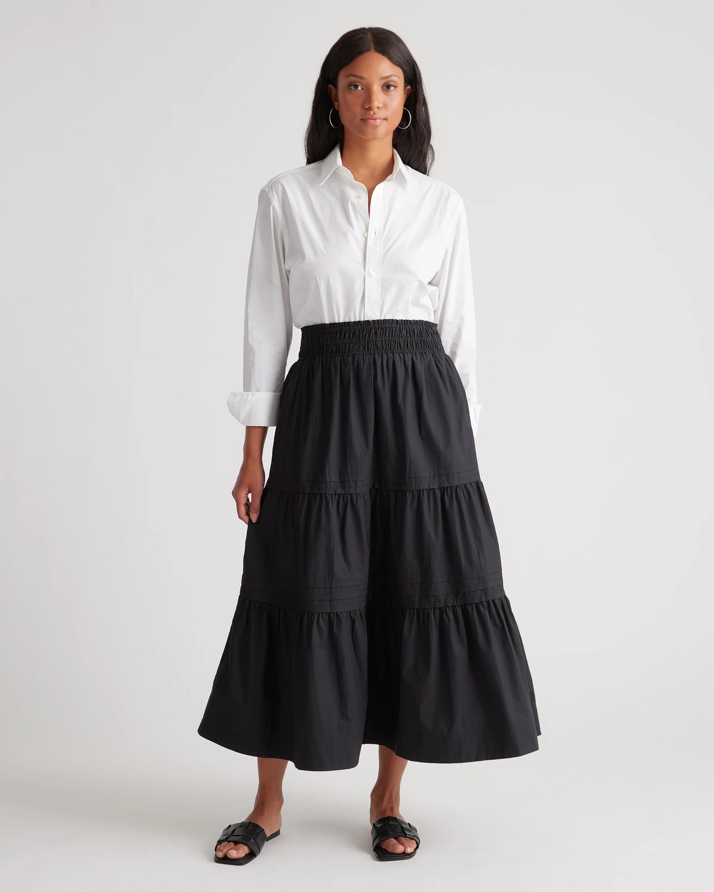 100% Organic Cotton Poplin Tiered Maxi Skirt - XS / Black