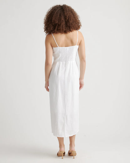 100% European Linen Scoop Neck Midi Dress - XS / Ivory Porcelain Blue Petite Floral