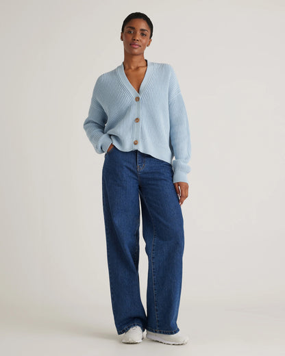 100% Organic Cotton Fisherman Boxy Cropped Cardigan - XS / Sapphire Blue