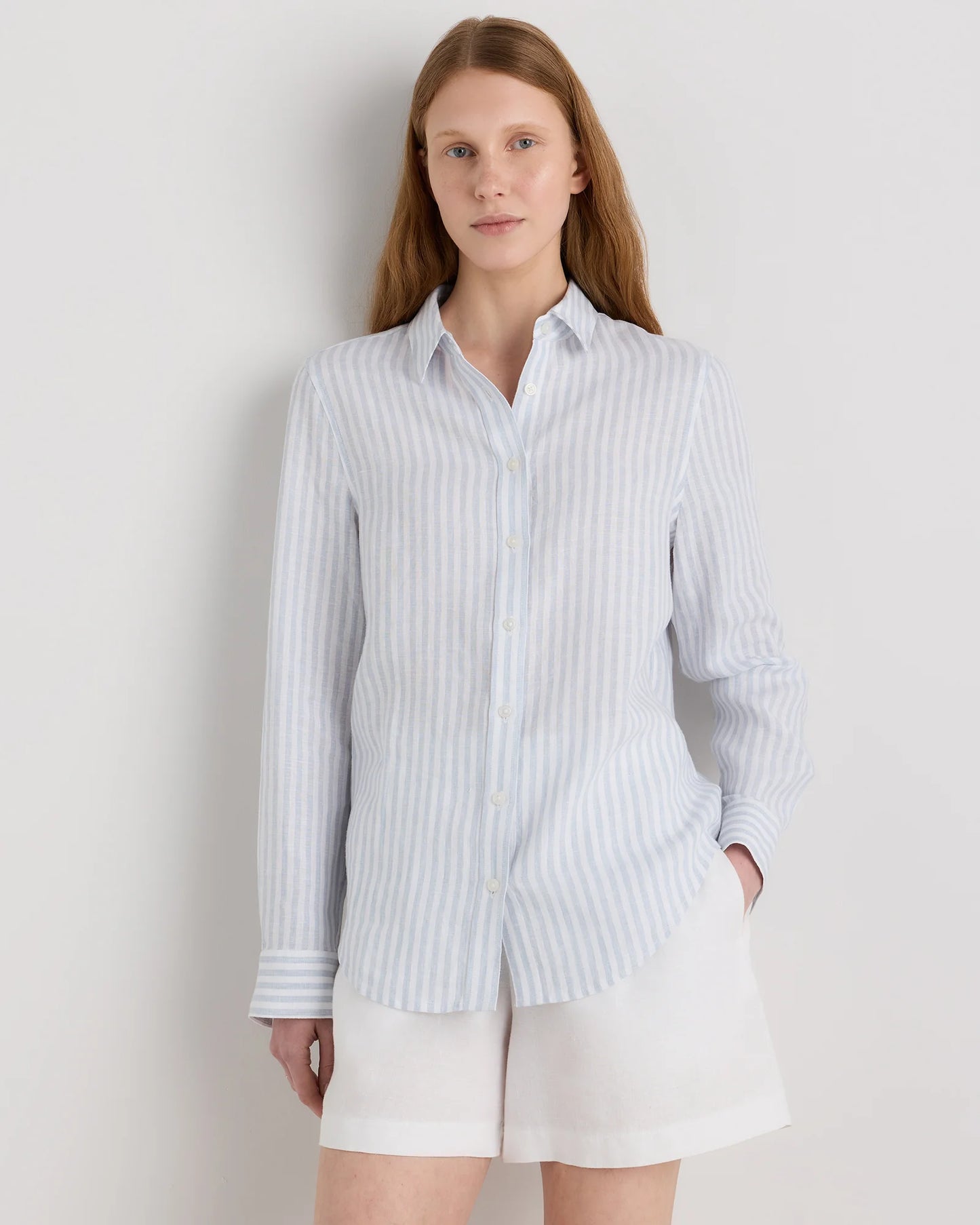 100% European Linen Long Sleeve Shirt - XS / Blue Pinstripe
