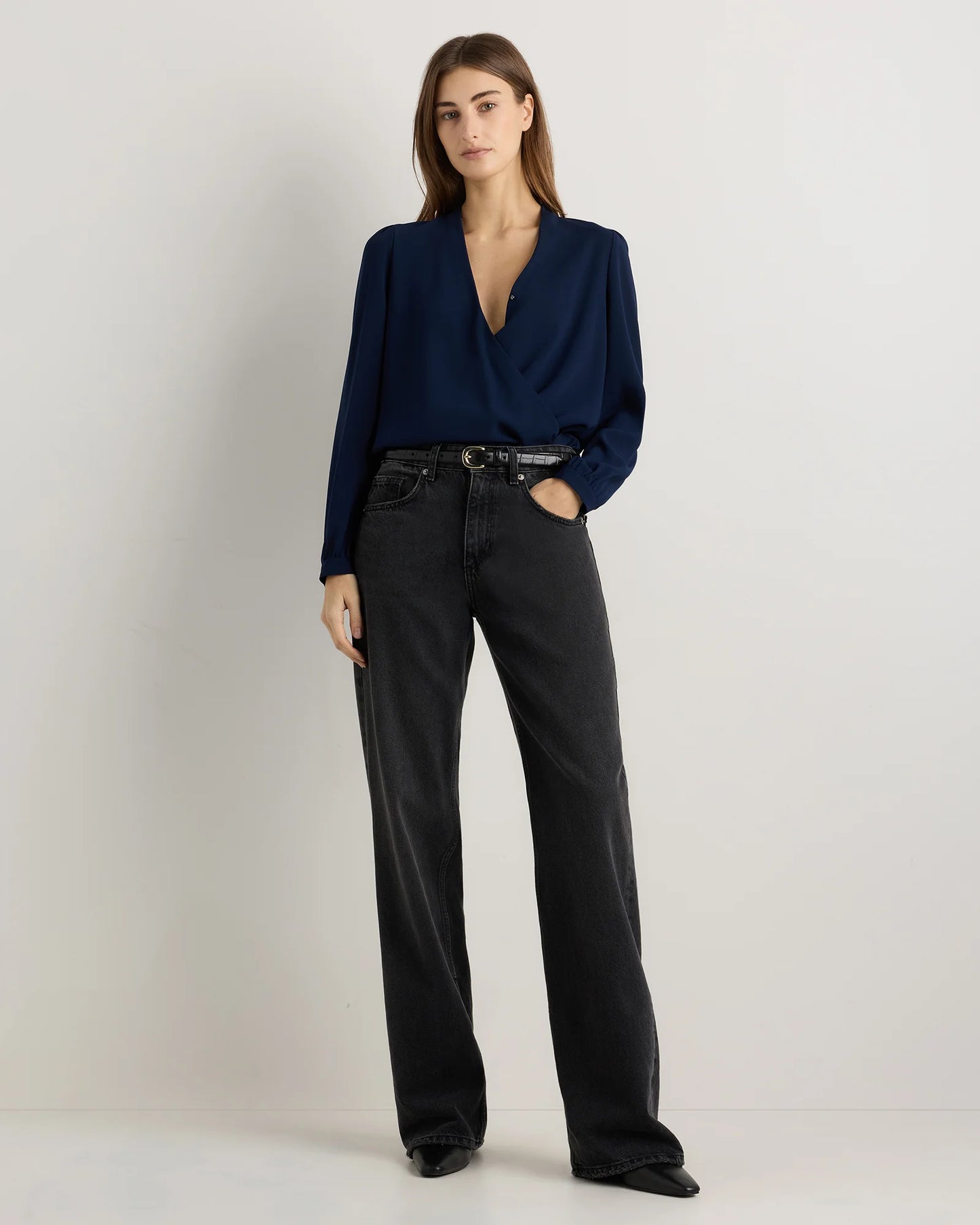 Fluid Crepe Surplice Long Sleeve Blouse - XS / Textured Navy