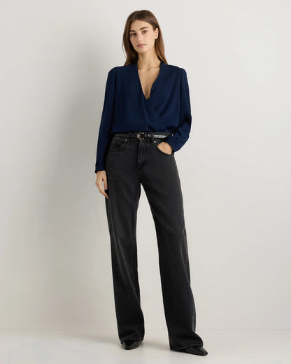 Fluid Crepe Surplice Long Sleeve Blouse - XS / Textured Navy