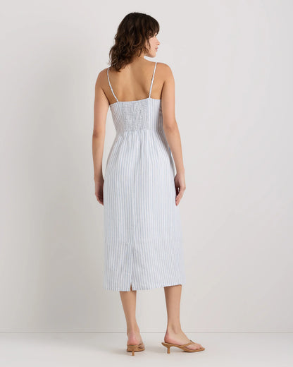 100% European Linen Scoop Neck Midi Dress - XS / Ivory Porcelain Blue Petite Floral