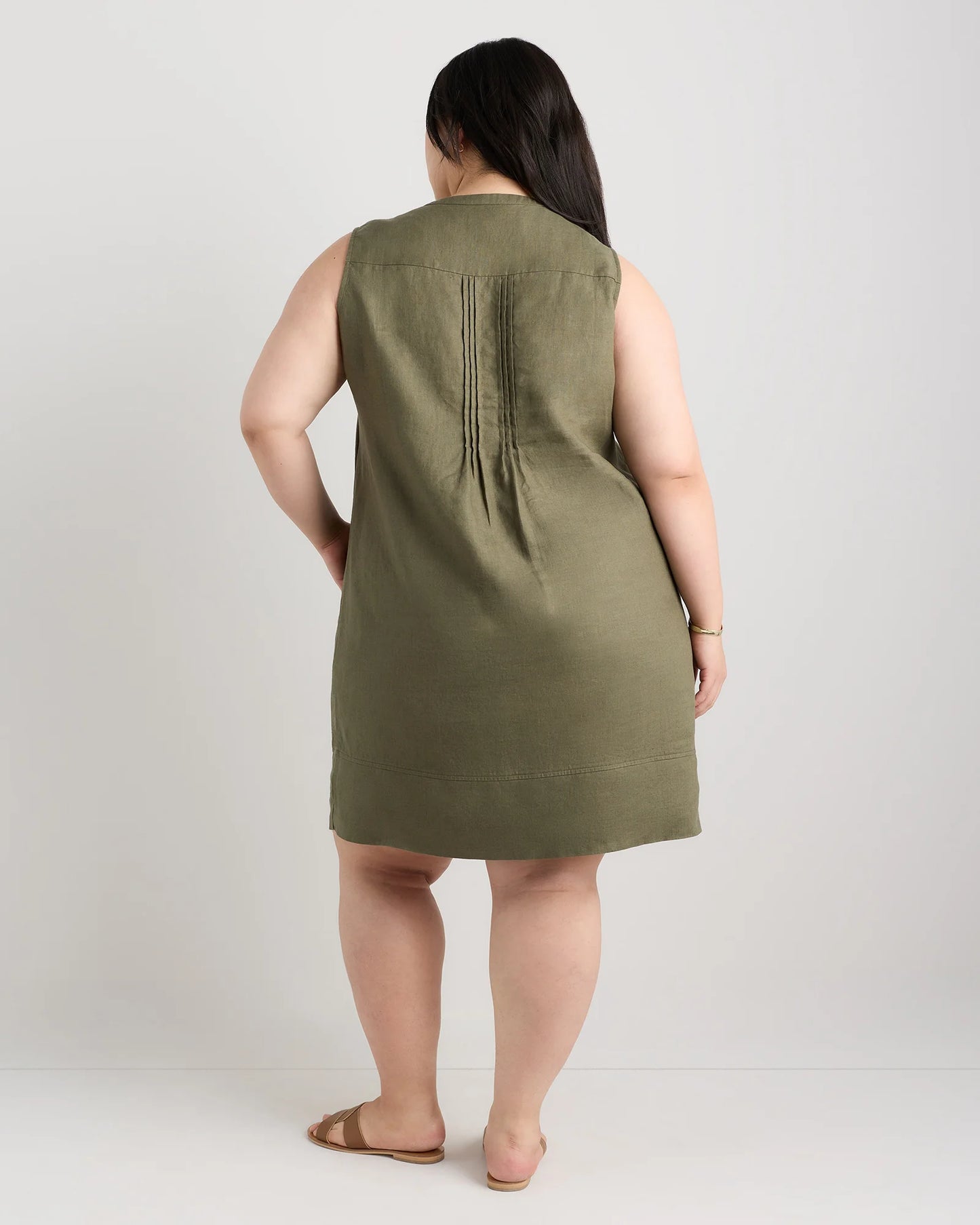 100% European Linen Sleeveless Swing Dress - 1X / Bayberry Olive