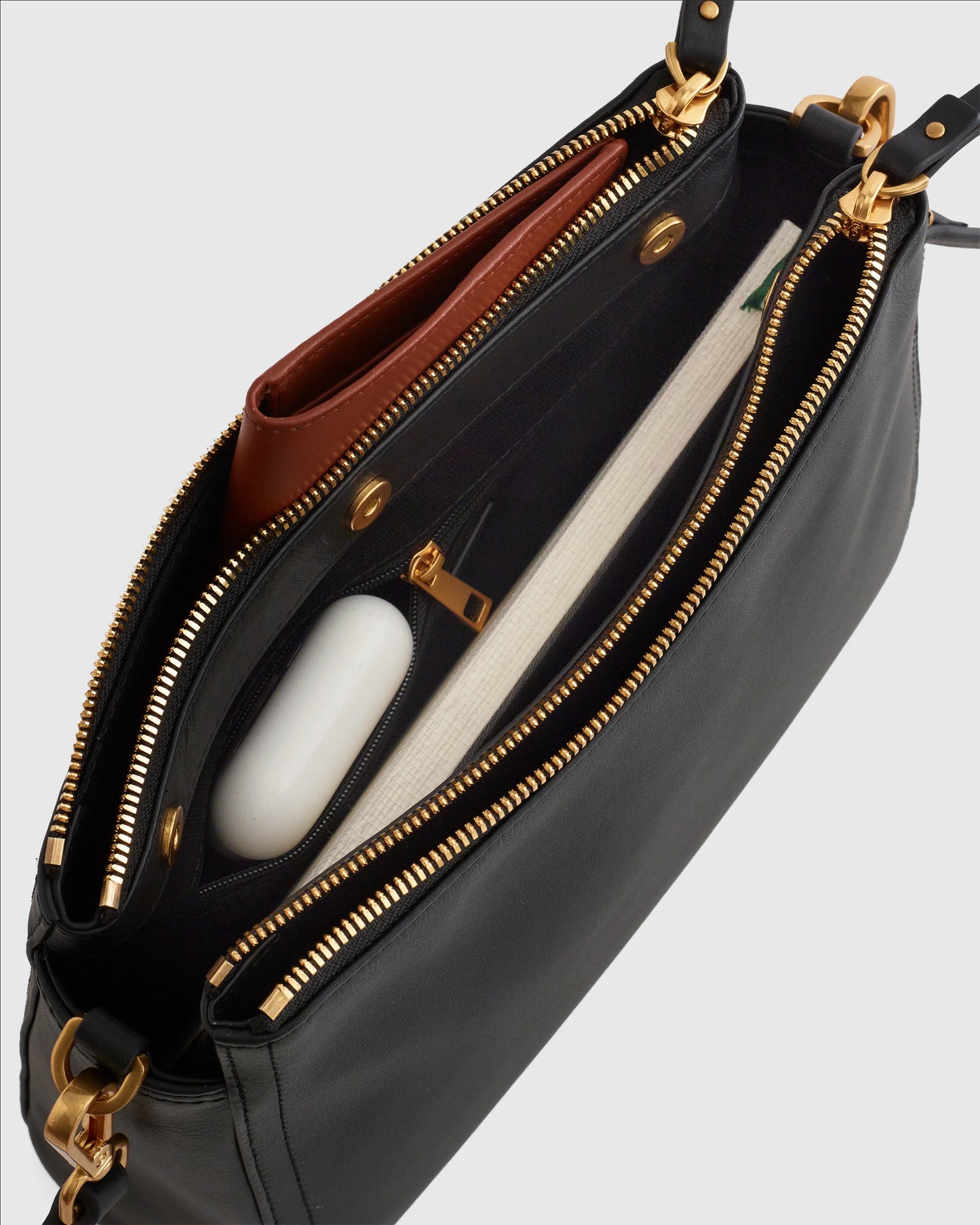 Italian Leather Triple Compartment Crossbody - One Size / Black