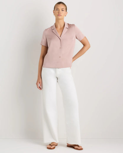 Washable Stretch Silk Short Sleeve Notch Collar Blouse - XS / Vintage Pink