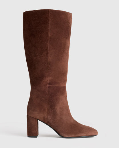 Italian Suede Block Heel Boots - 5 / Espresso Brown