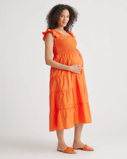 100% Organic Cotton Poplin Maternity Smocked Midi Dress - XS / Classic White