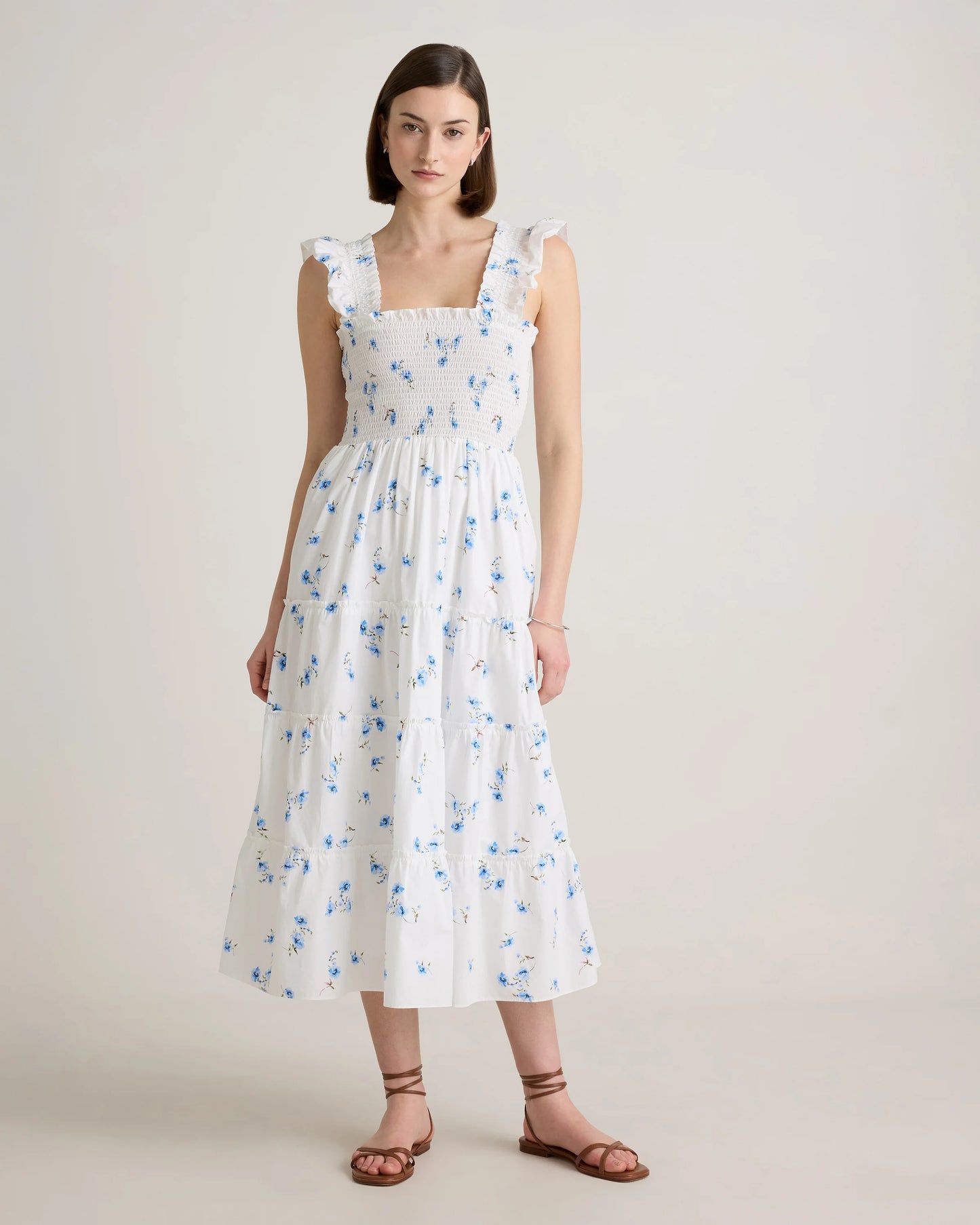 100% Organic Cotton Poplin Smocked Midi Dress - XS / Riviera Blue Heirloom Floral