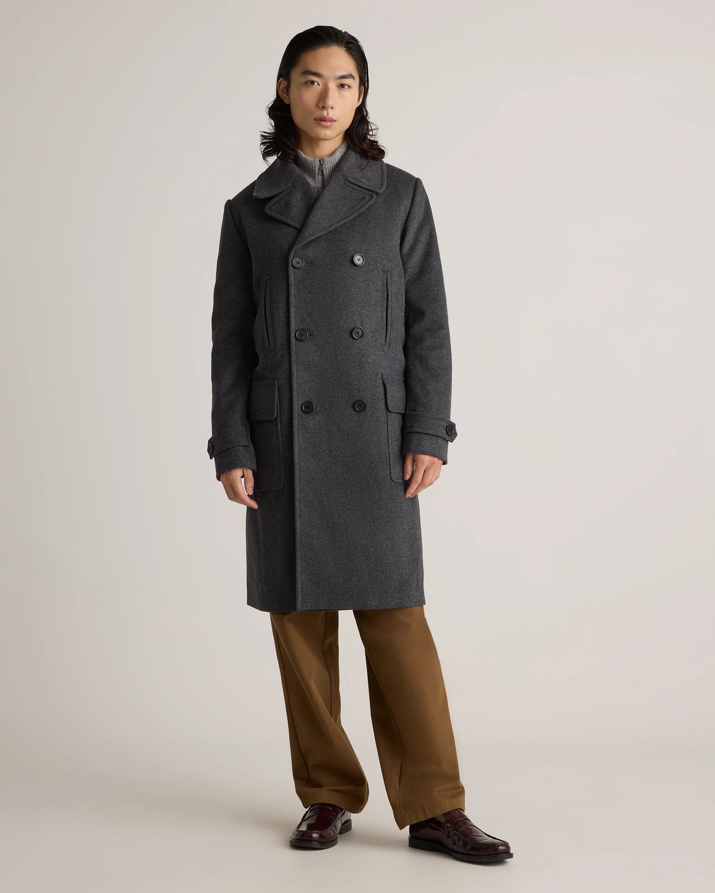 Italian Wool Double-Breasted Officer Topcoat - S / Heather Charcoal