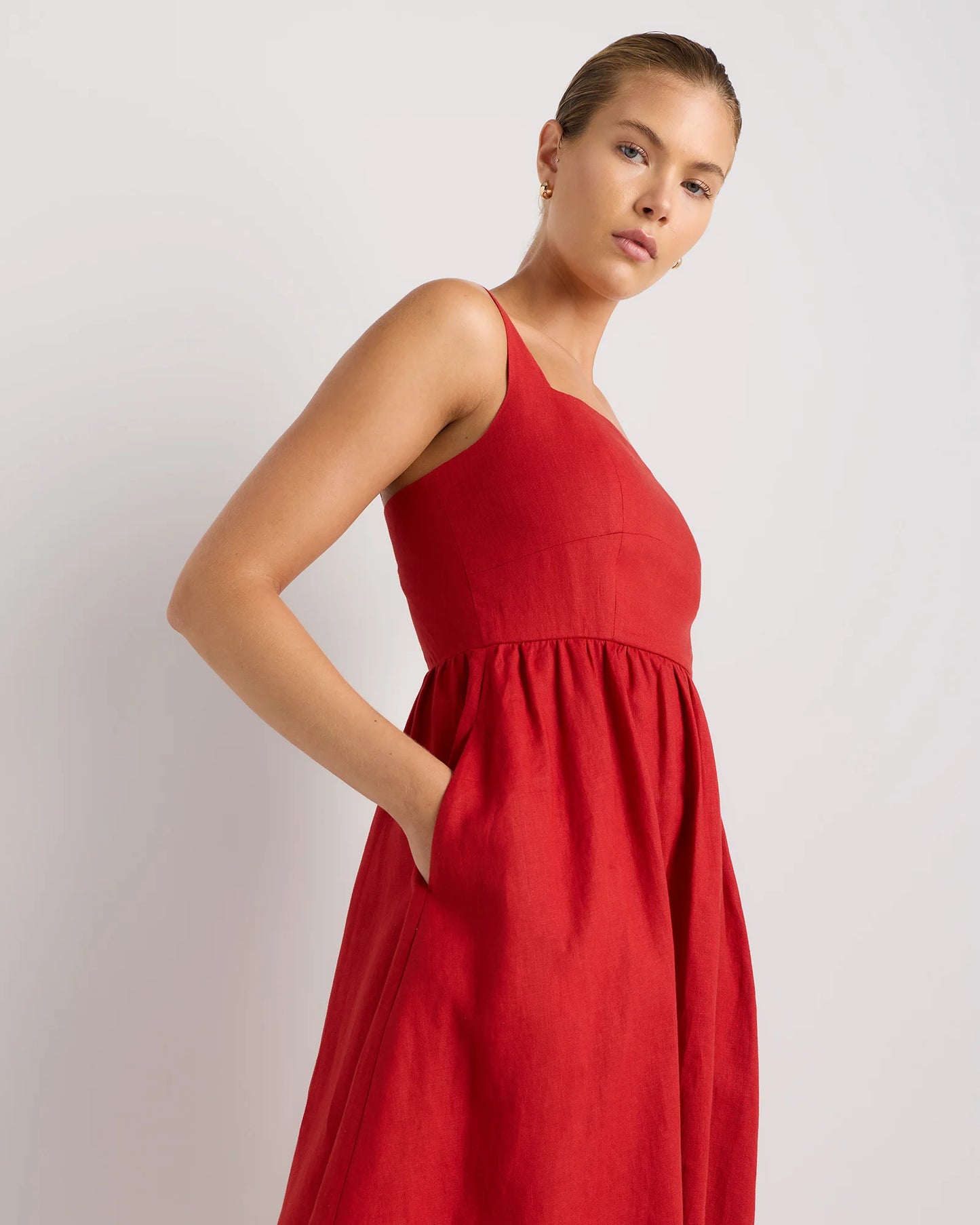 100% European Linen Fit & Flare Midi Dress - XS / Brick Red Heirloom Floral