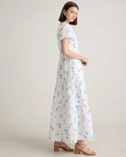 100% Organic Cotton Poplin Tiered Maxi Dress - XS / Riviera Blue Heirloom Floral