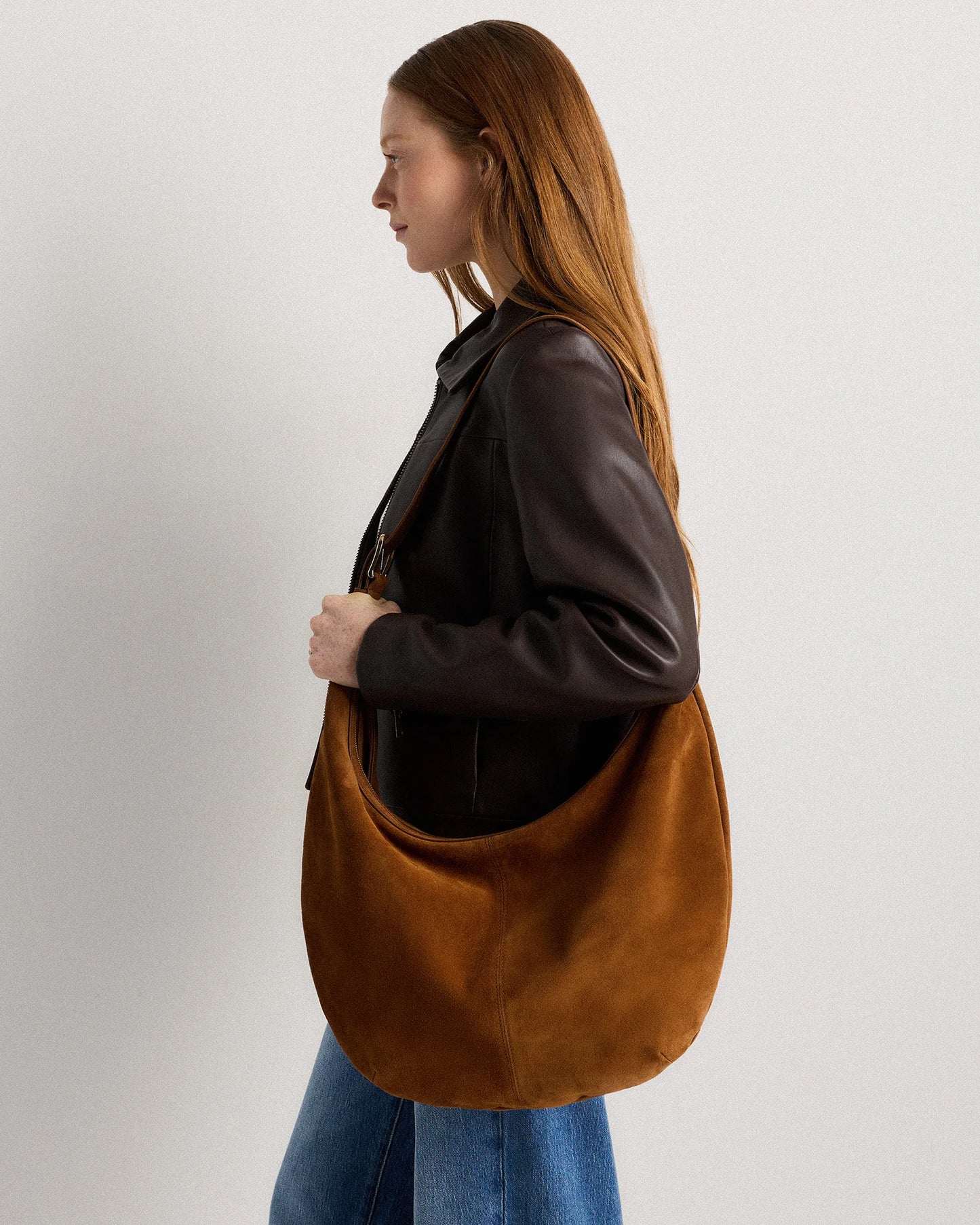 Italian Suede Crescent Shoulder Bag - One Size / Whiskey