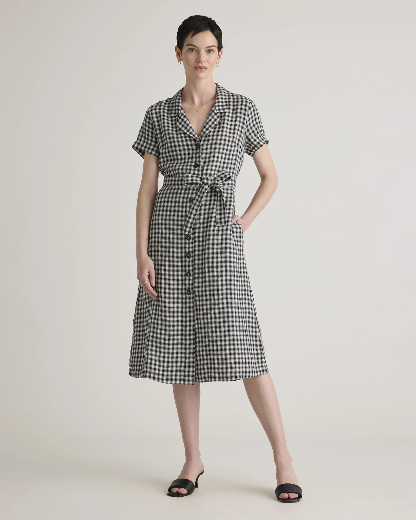 100% European Linen Button Front Dress - XS / Sky Blue Mariner Stripe