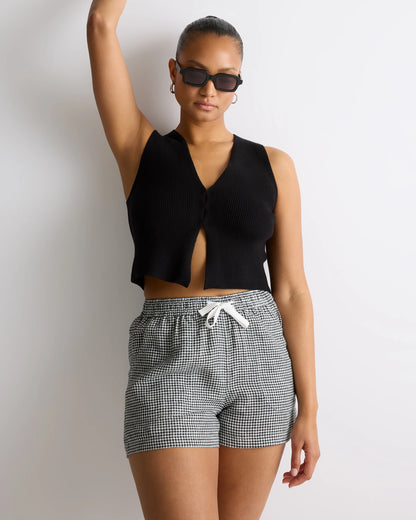 100% European Linen Shorts - XS / Taupe Brown Gingham