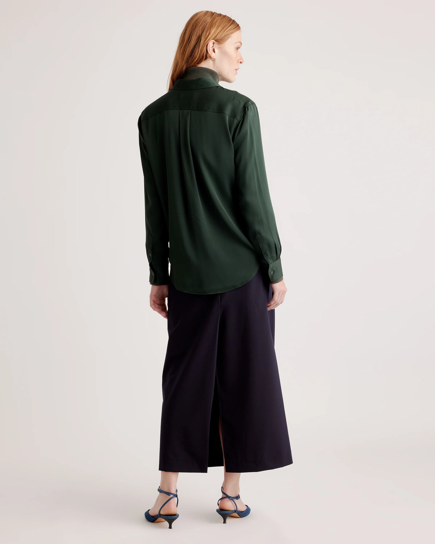 Washable Stretch Silk Utility Long Sleeve Blouse - XS / Forest Green