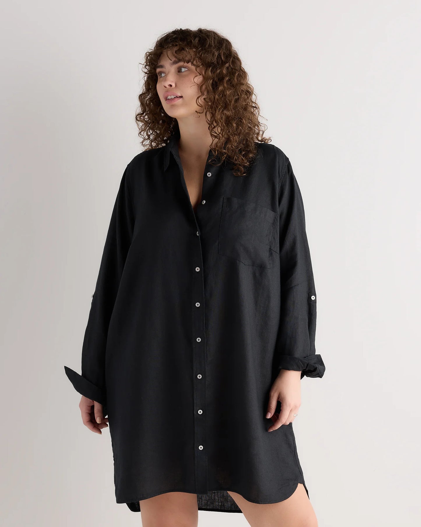 100% European Linen Shirt Dress - 1X / Black