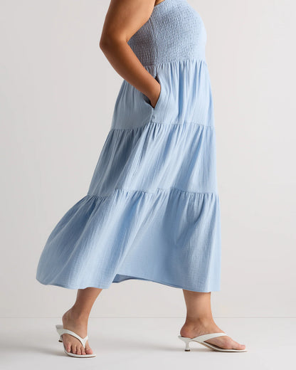 100% Organic Cotton Gauze Smocked Sleeveless Maxi Dress - 1X / Ocean Breeze
