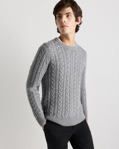 Australian Merino Wool Cable Crewneck Sweater - S / Heather Grey