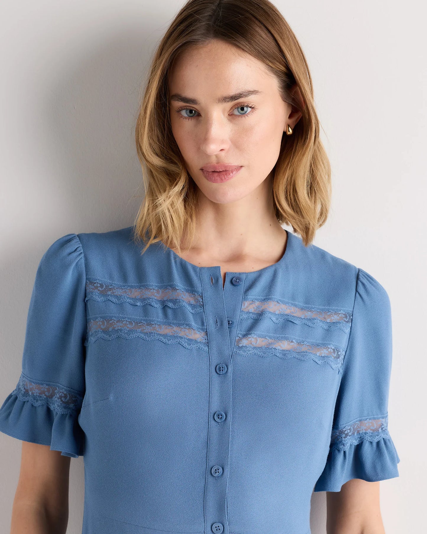 Lightweight Crepe Lace Inset Midi Dress - XS / Moonstone Blue