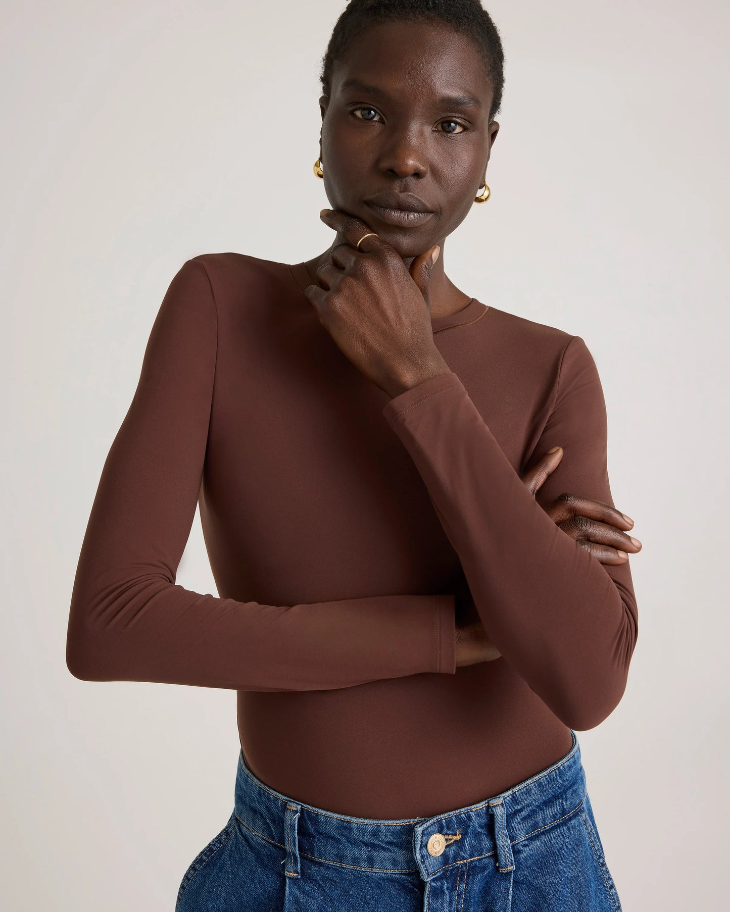 Second Skin Long Sleeve Crew Neck Bodysuit - XS / Cocoa
