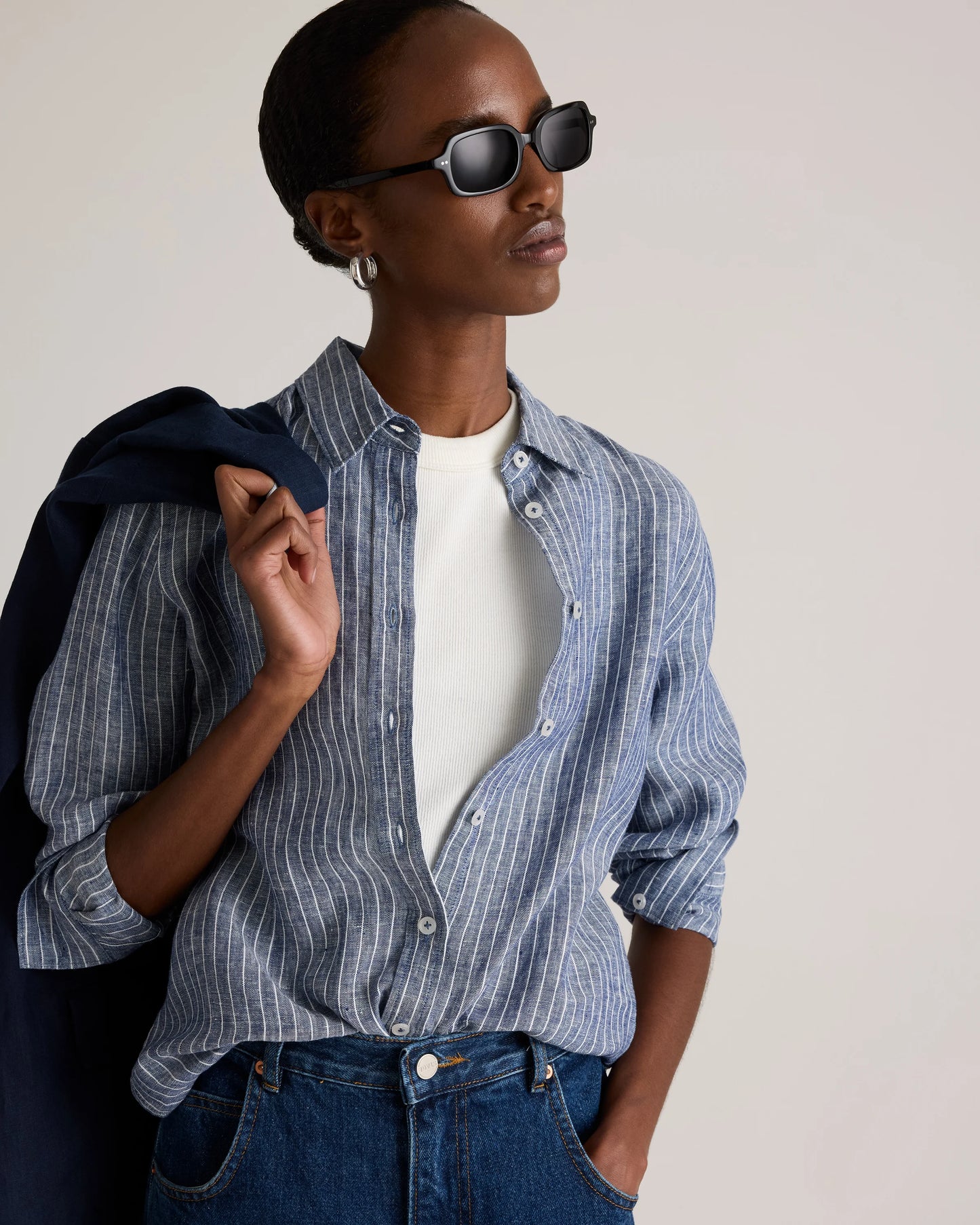 100% European Linen Long Sleeve Shirt - XS / Blue Pinstripe