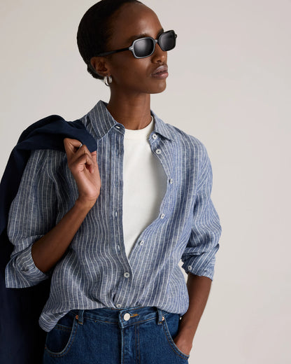 100% European Linen Long Sleeve Shirt - XS / Blue Pinstripe
