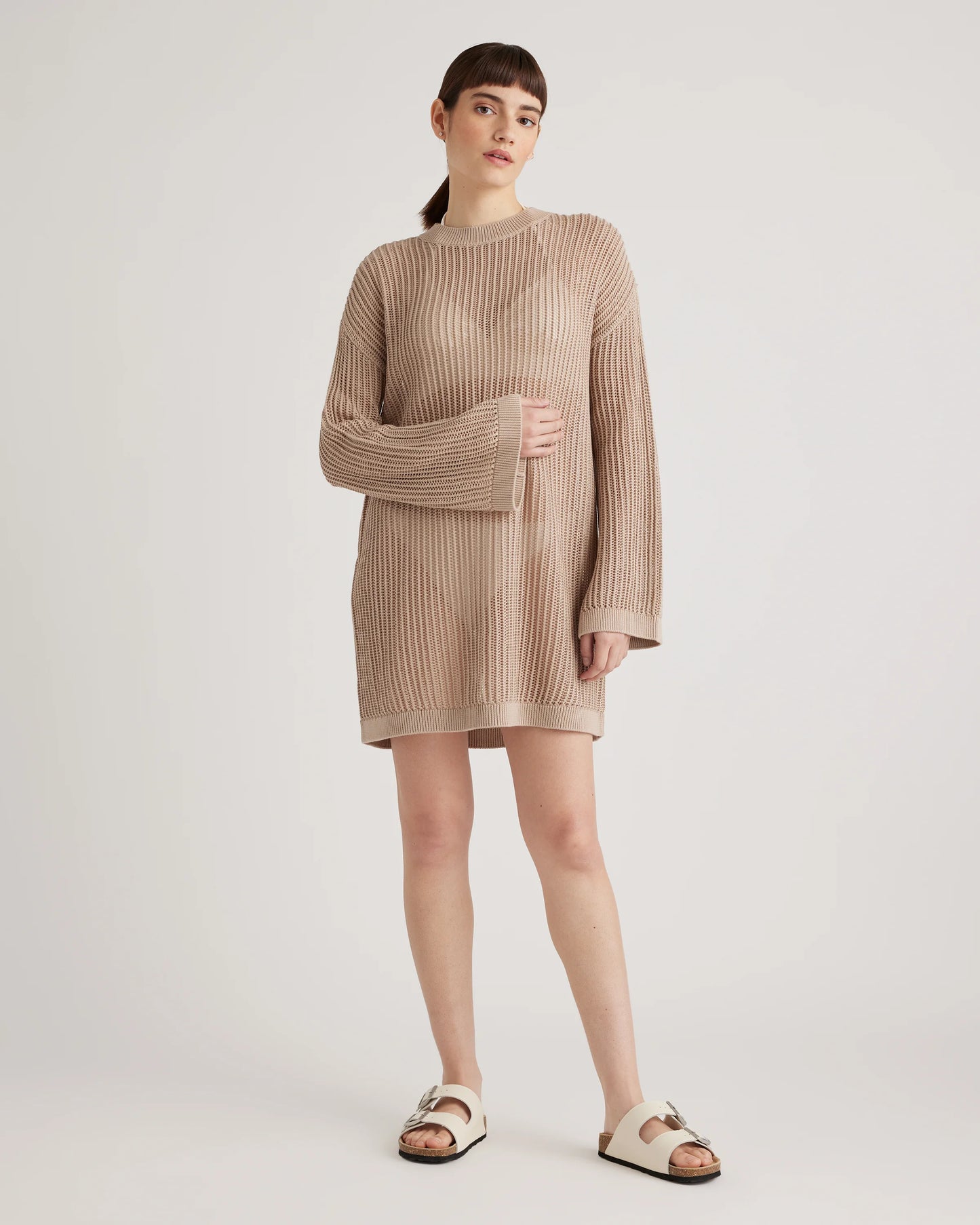 100% Organic Cotton Open-Knit Long Sleeve Cover-Up Mini Dress - XS / Beige
