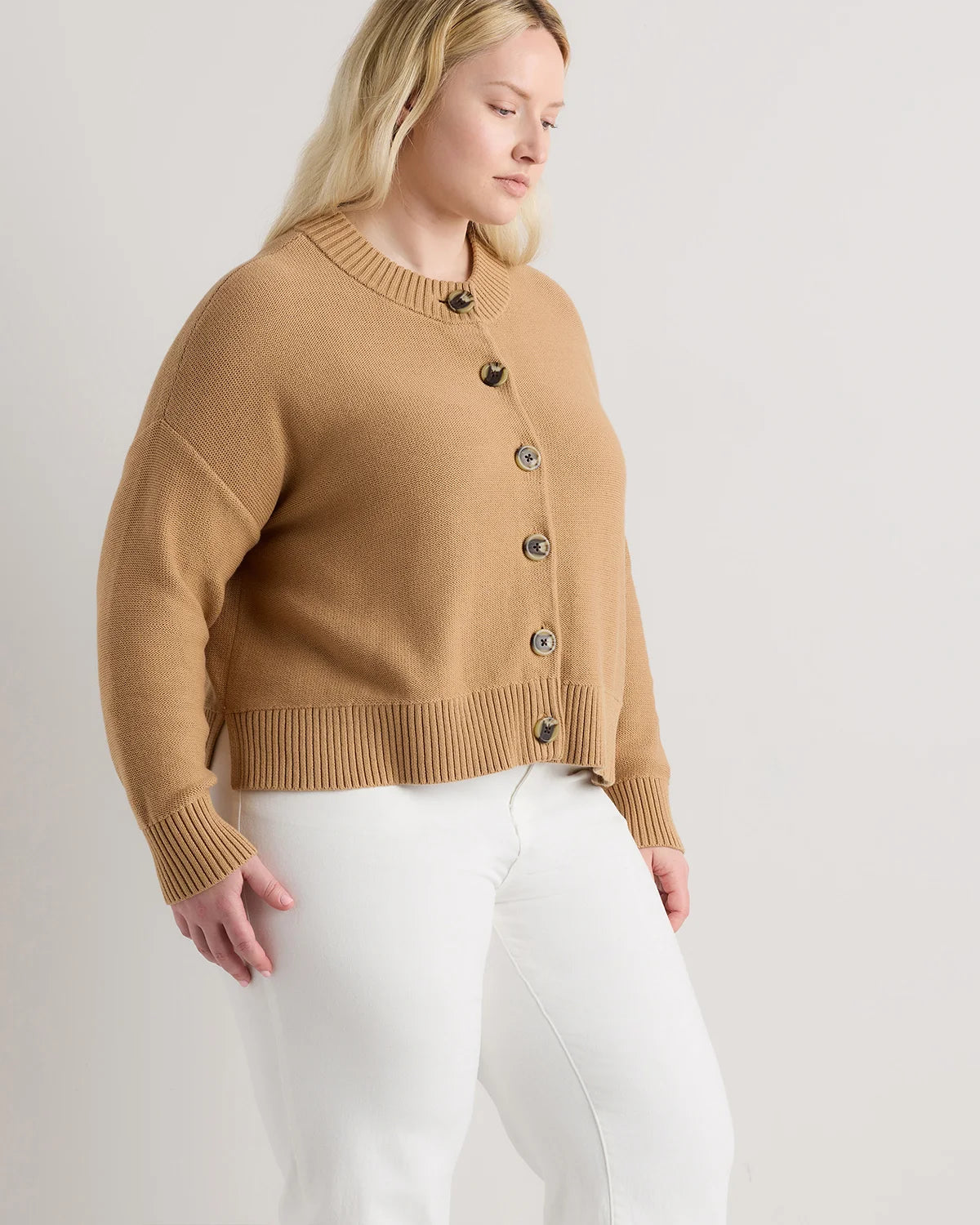 100% Organic Cotton Cropped Cardigan - 1X / Speckled Beige