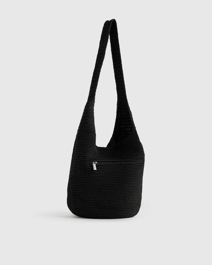 Hand Crochet Hobo Shoulder Bag - One Size / Black