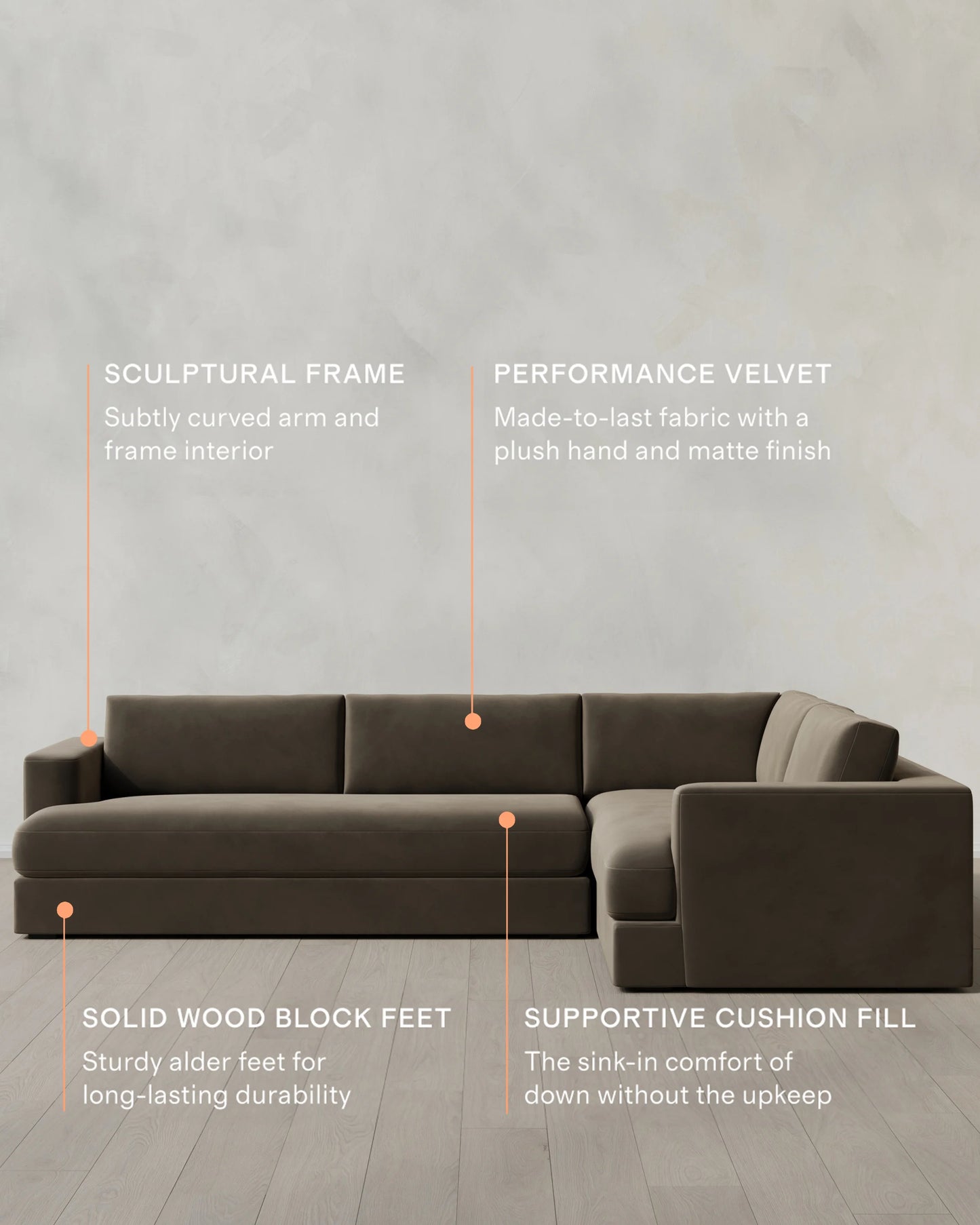 Sierra Curved Arm L Sectional in Performance Velvet - Right Arm / Sable