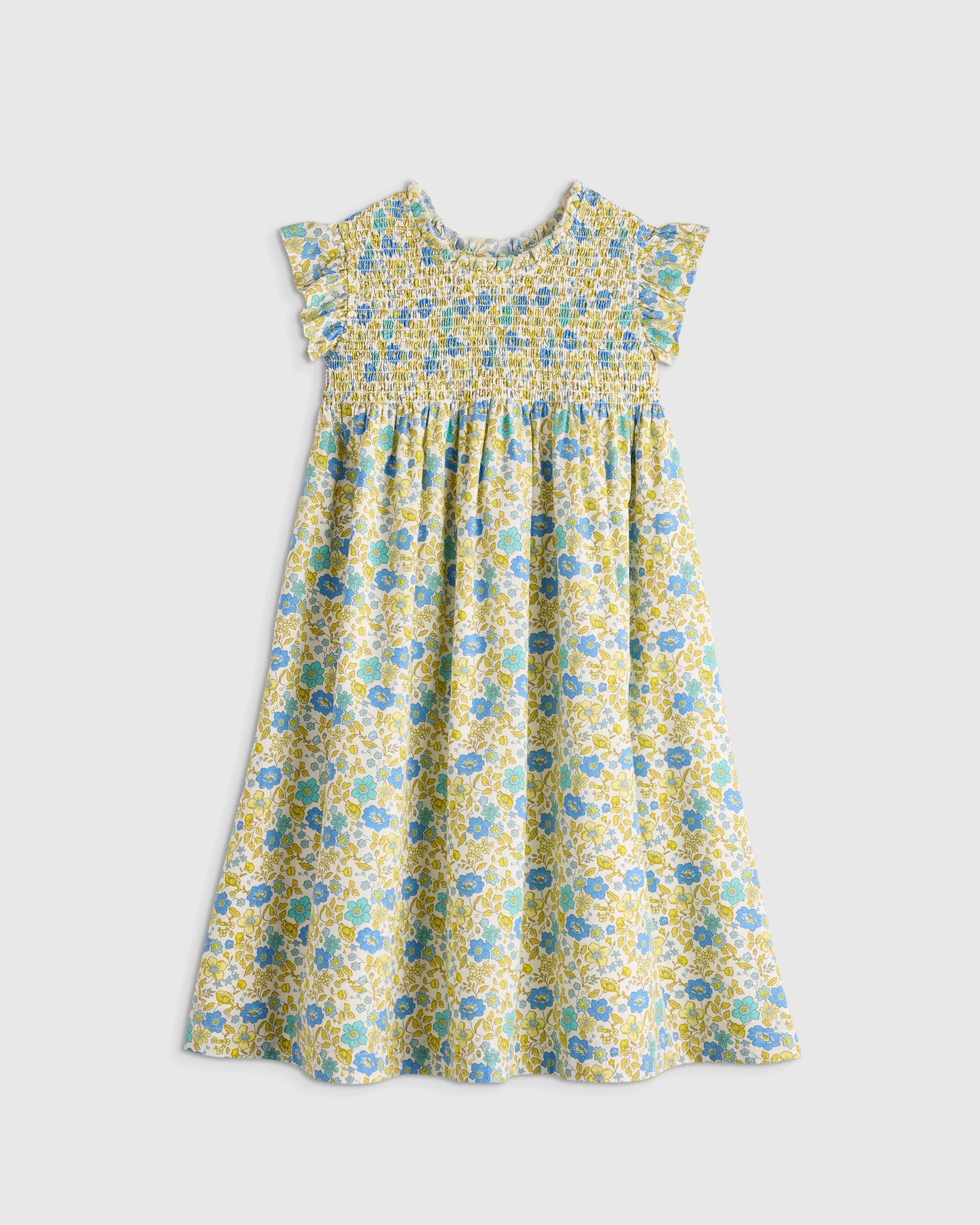 100% Organic Cotton Poplin Smocked Flutter Sleeve Dress - 6 / Blue Ditsy Floral