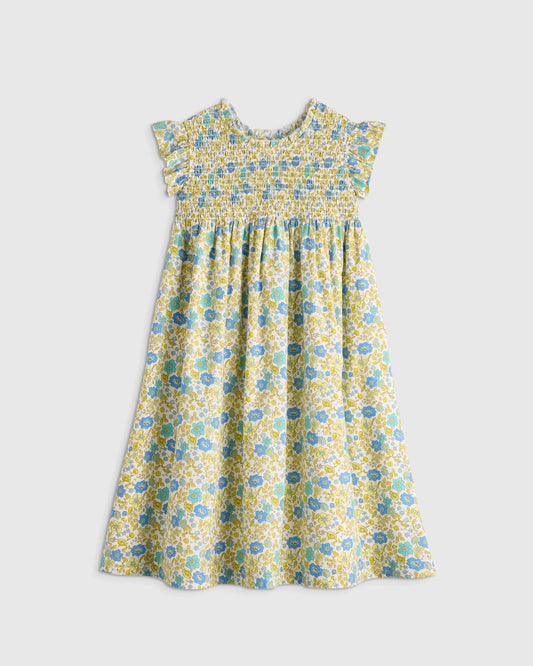 100% Organic Cotton Poplin Smocked Flutter Sleeve Dress - 6 / Blue Ditsy Floral