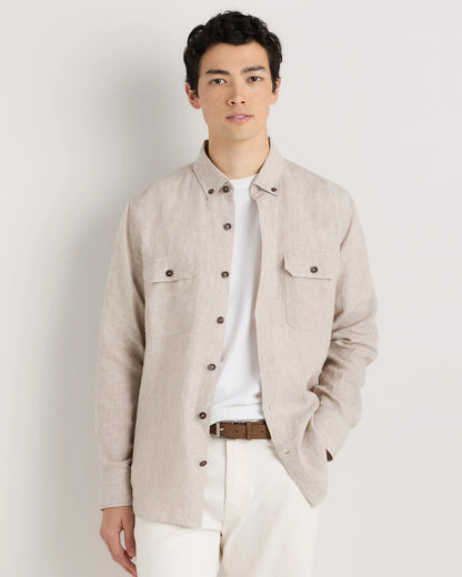 100% European Linen Utility Shirt - S / Taupe Brown Chambray