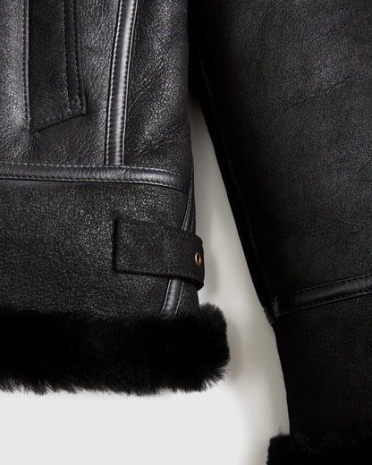 100% Shearling Cold Weather Bomber Jacket - XS / Black