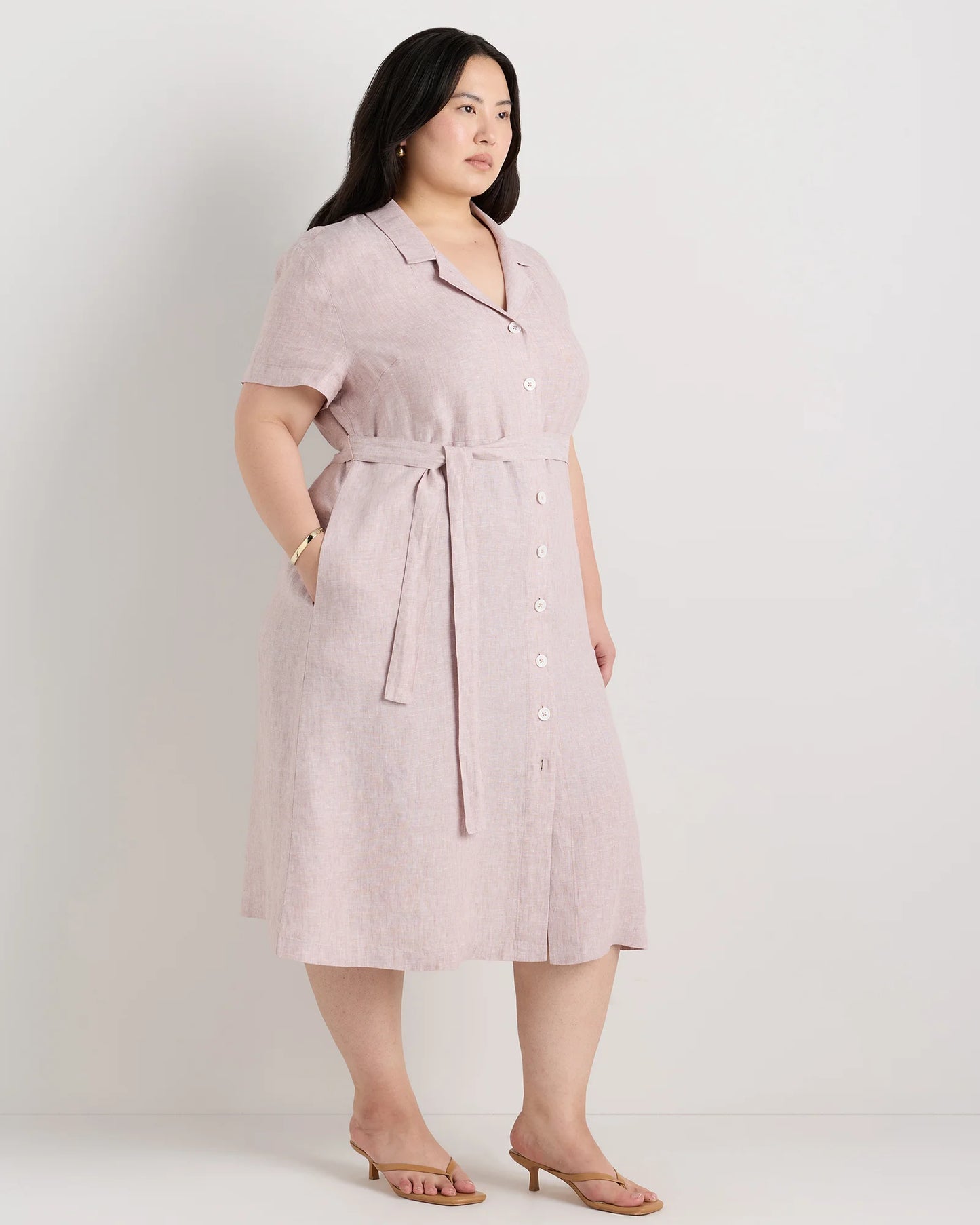 100% European Linen Button Front Dress - 1X / Blue Pinstripe