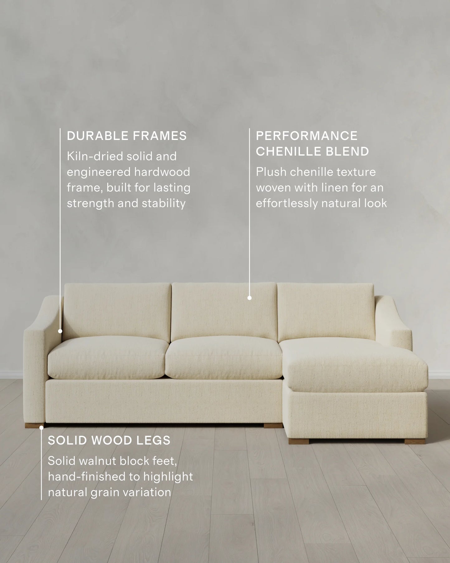 Hollis Slope Arm Chaise Sectional in Performance Chenille Linen Blend - 104" Right Arm / Snow