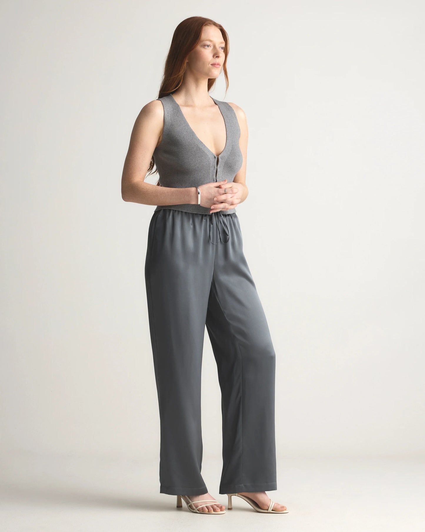 100% Washable Silk Drawstring Wide Leg Pants - XS / Champagne