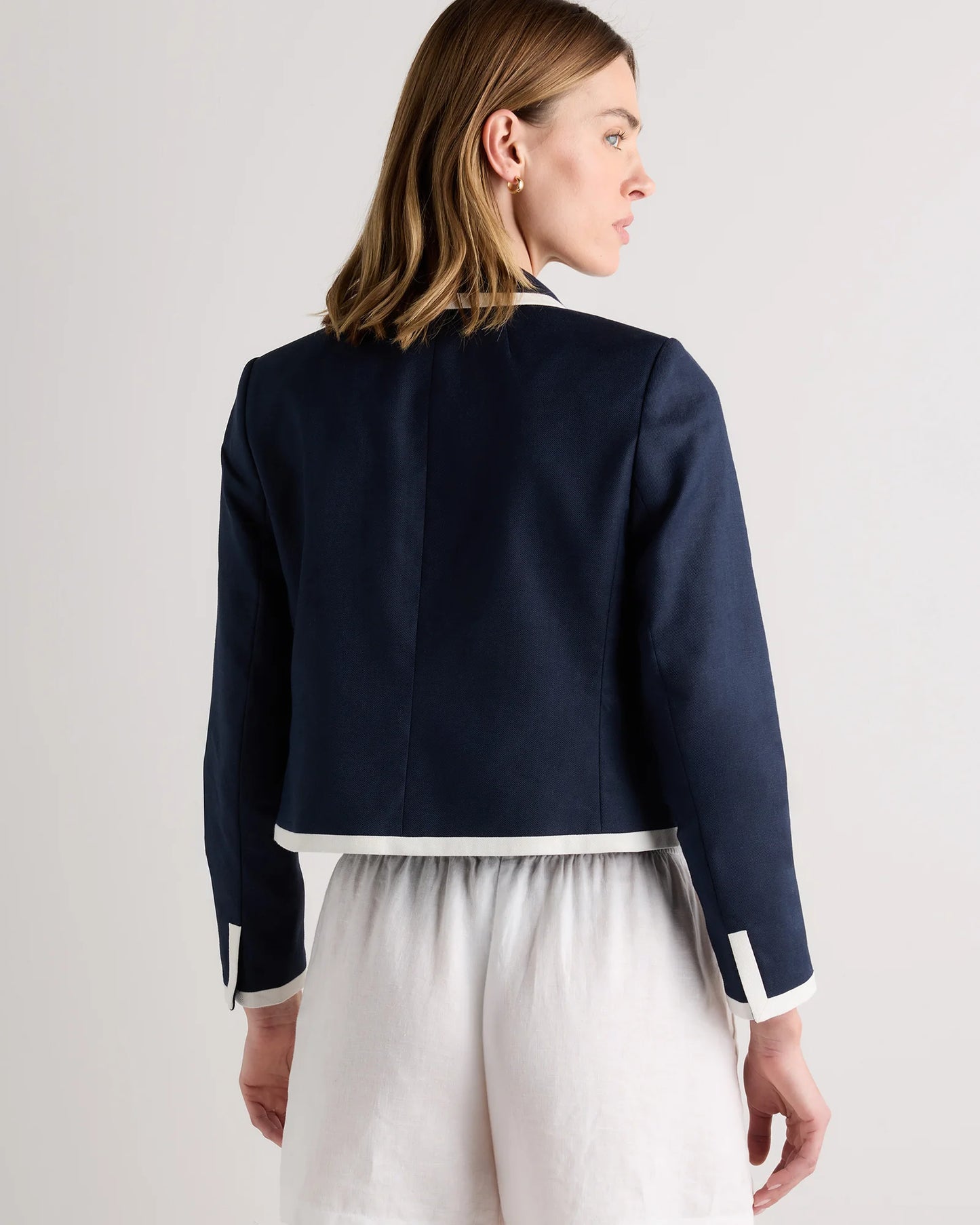 European Stretch Linen Cropped Lady Jacket - XS / Deep Navy/Ivory
