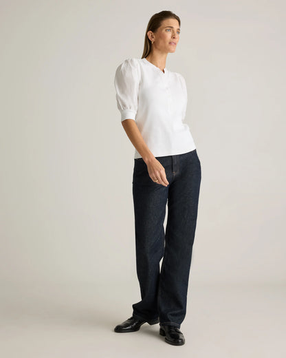 Cotton Mixed Media Puff Sleeve Top - XS / Classic White