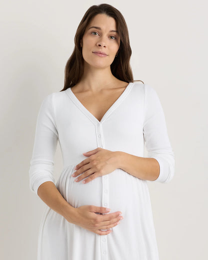 Bamboo Rib Maternity Long Sleeve Button Front Dress - XS / Classic White