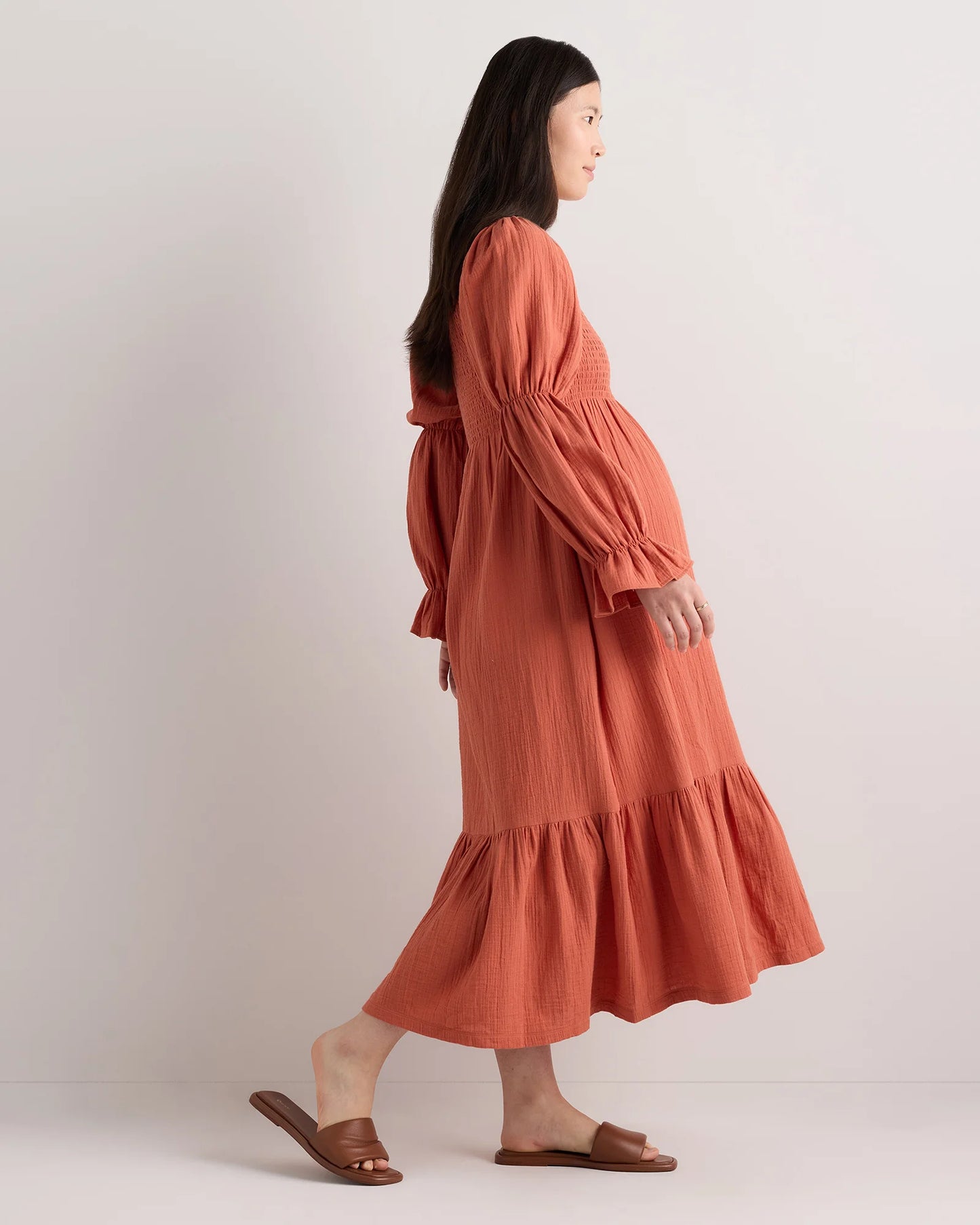 100% Organic Cotton Gauze Maternity Smocked Midi Dress - XS / Wild Cherry