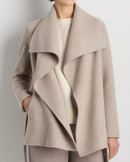Double-Faced Merino Wool Draped Collar Short Wrap Coat - XS / Cocoa Melange