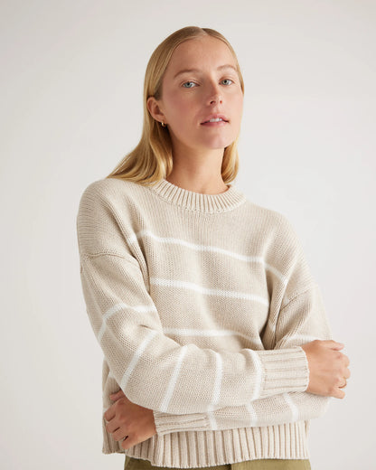 100% Organic Cotton Striped Crew Sweater - XS / Heather Brown/Ivory